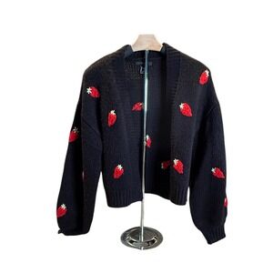 Black Whimsical Strawberry Embroidered  Crop  Cardigan Cottagecore Vibes  M